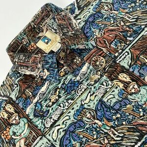 Kahala Hawaiian Shirt Mens Medium Multicolor Reverse Print Island Village Life